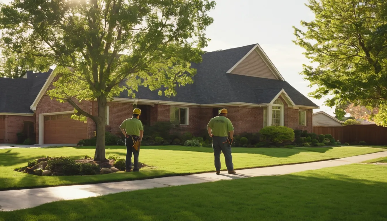 A tree provider and a homeowner reviewing a large oak in a Grapevine front yard