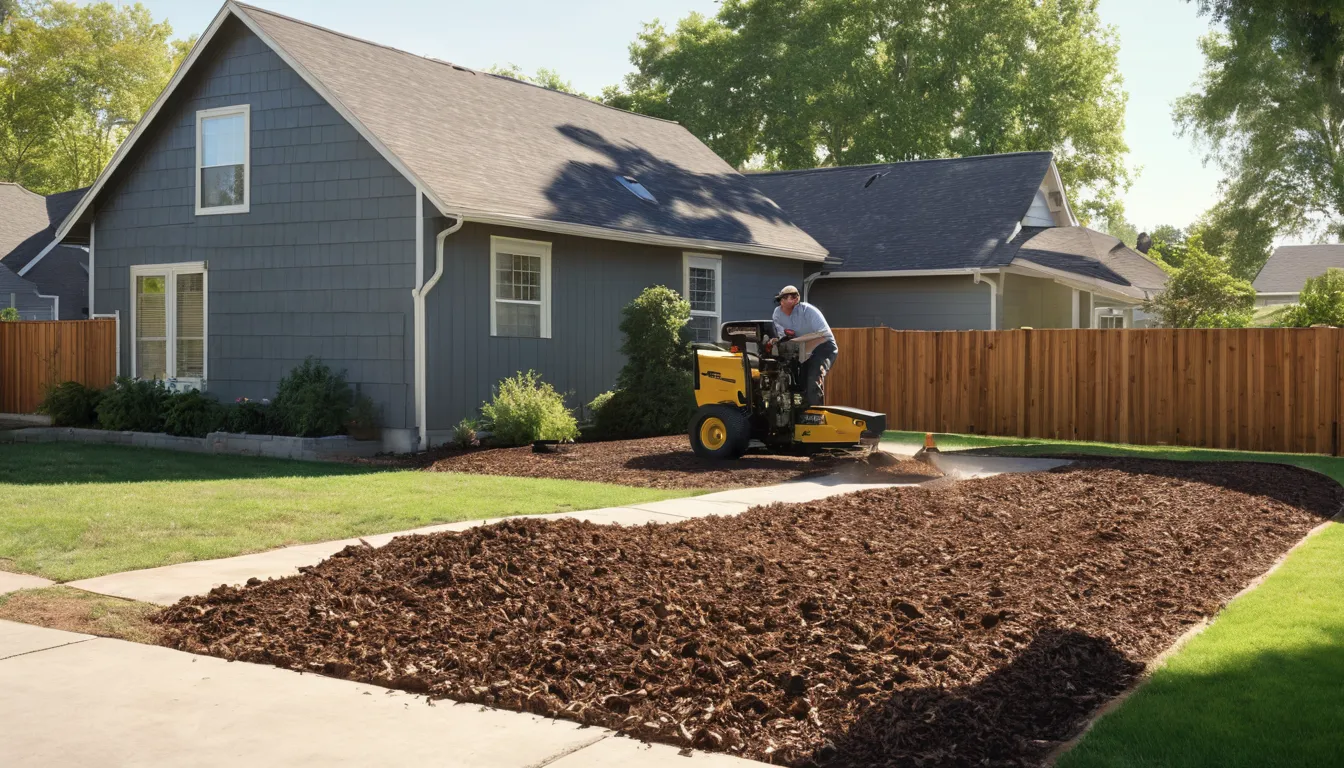 A stump grinder at work in a neighborhood yard in Grapevine