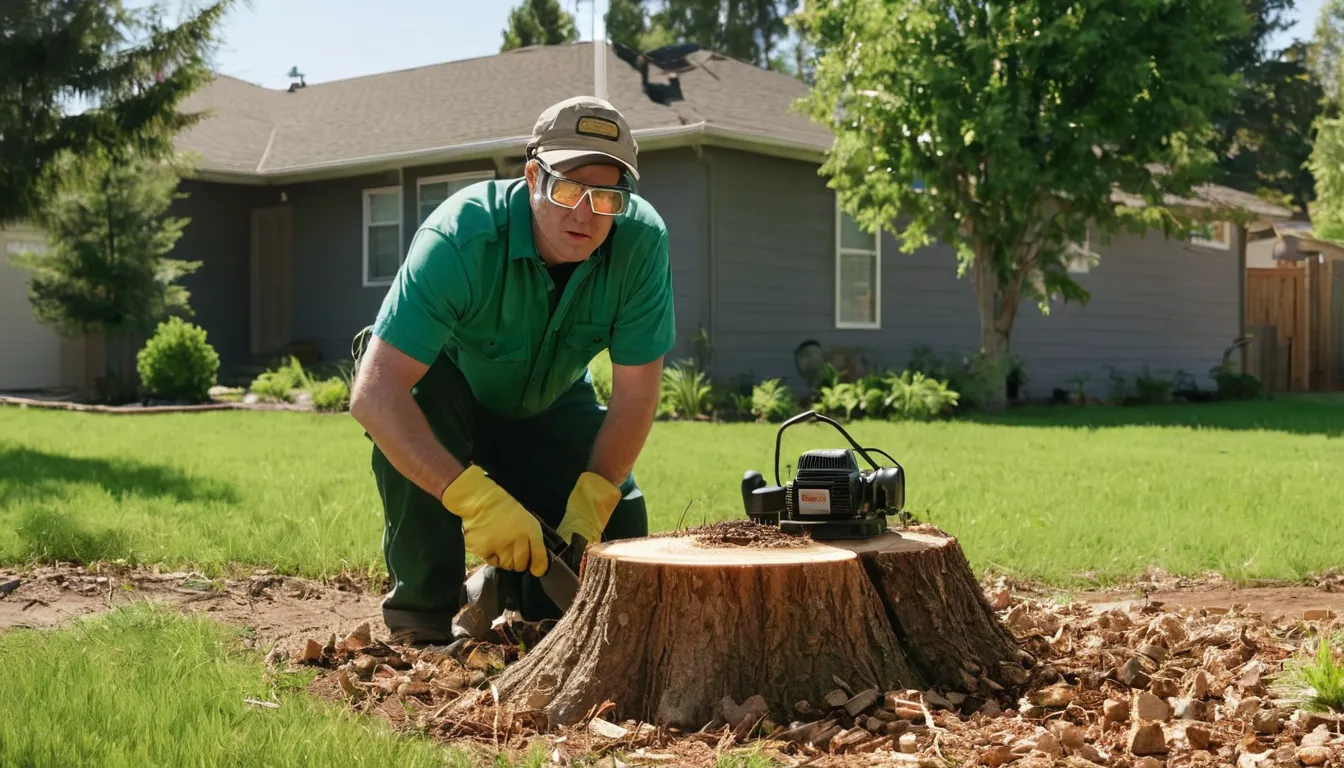 Provider operating a stump grinder in a Grapevine backyard beside a brick ranch home